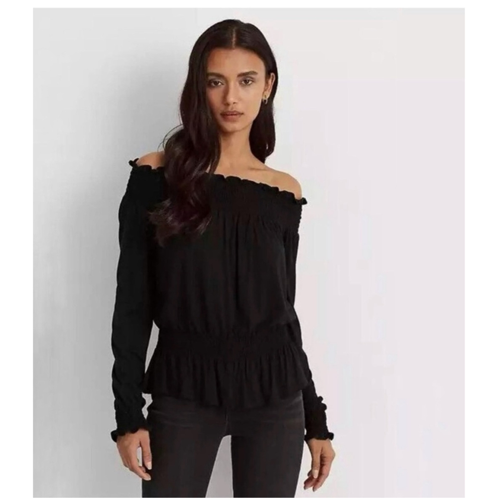 Lauren Ralph Lauren Black Off-Shoulder Smocked peplum Blouse S long sleeve